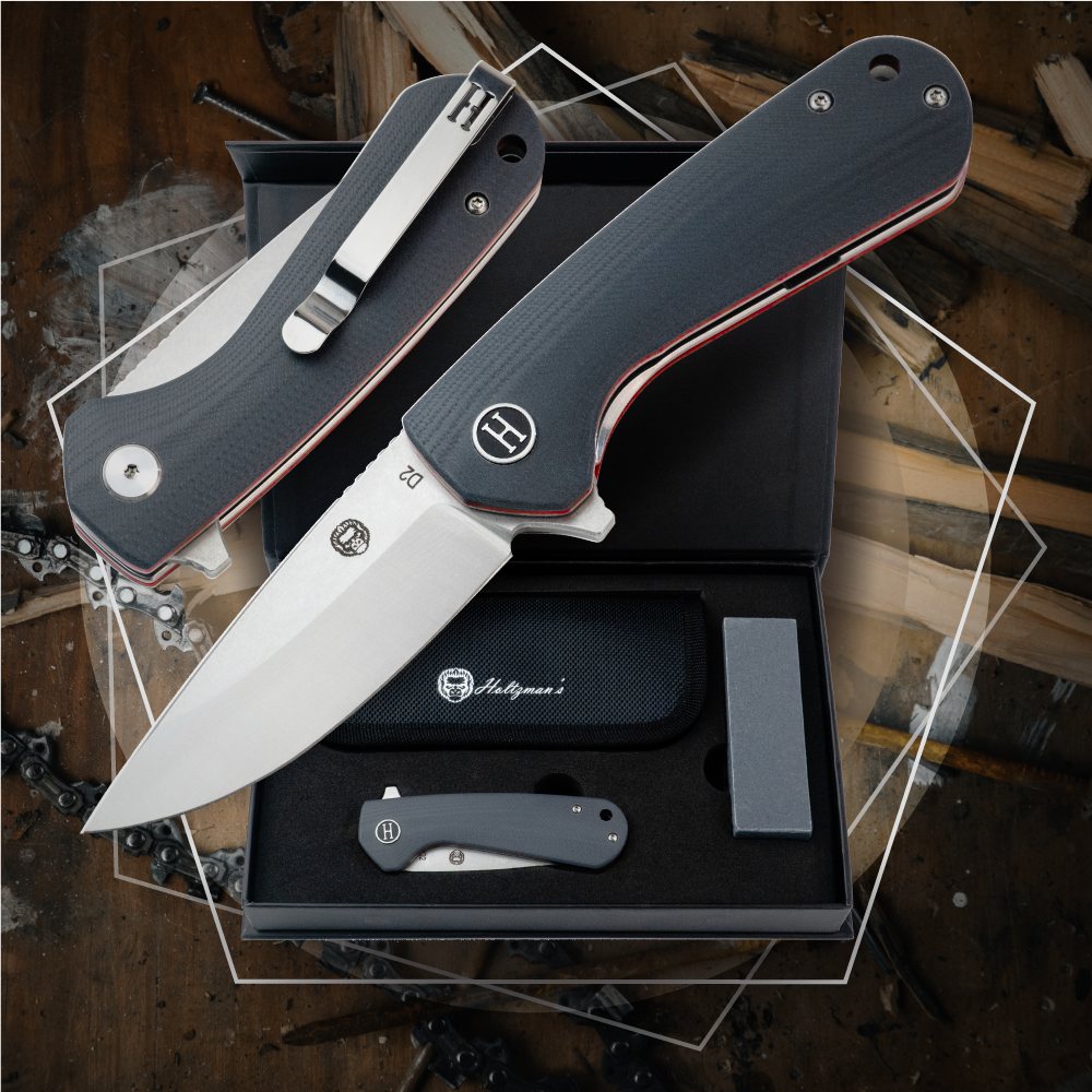 Folding knife set with multiple knives in a display case on a wooden background