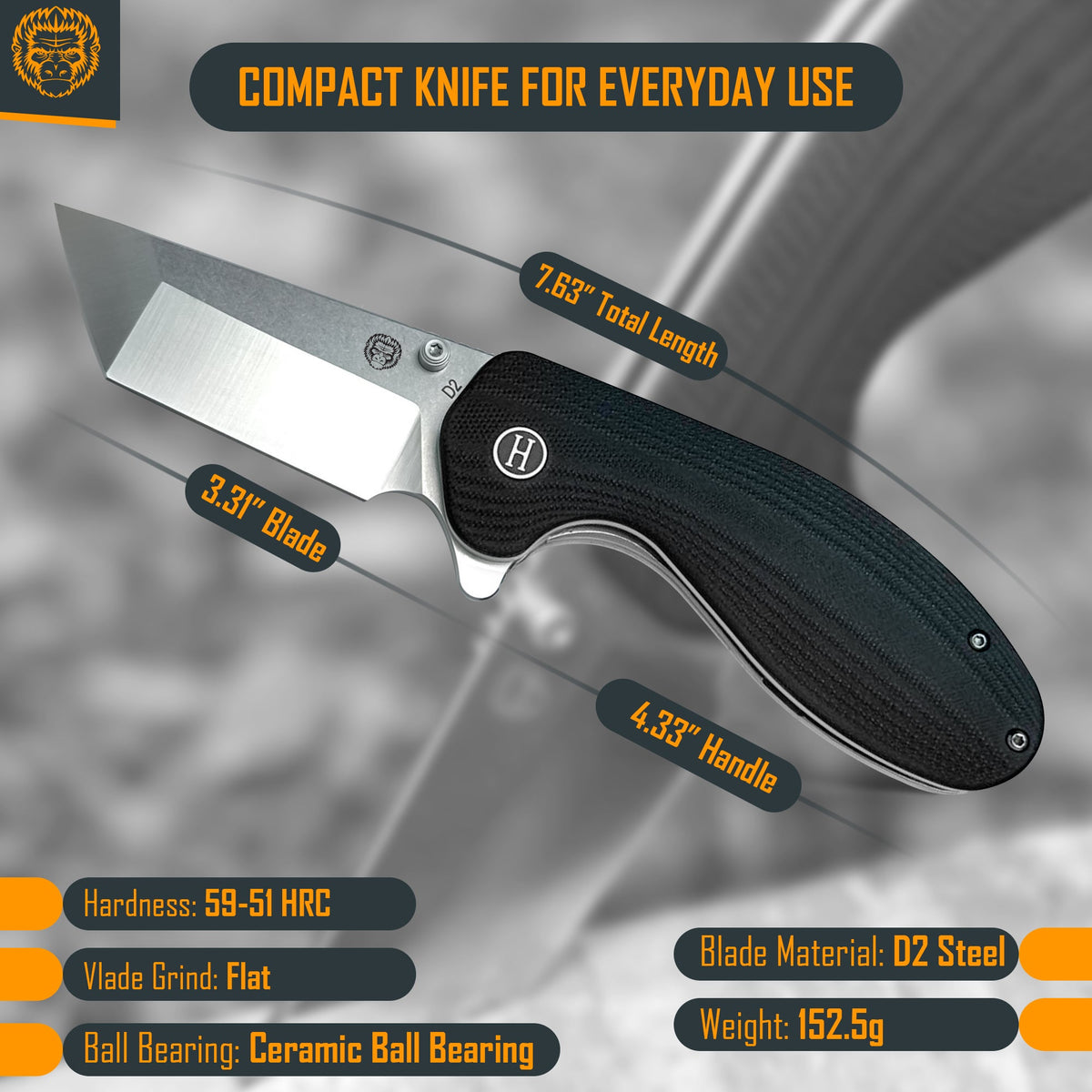 Compact knife for everyday use with specifications on a metallic background