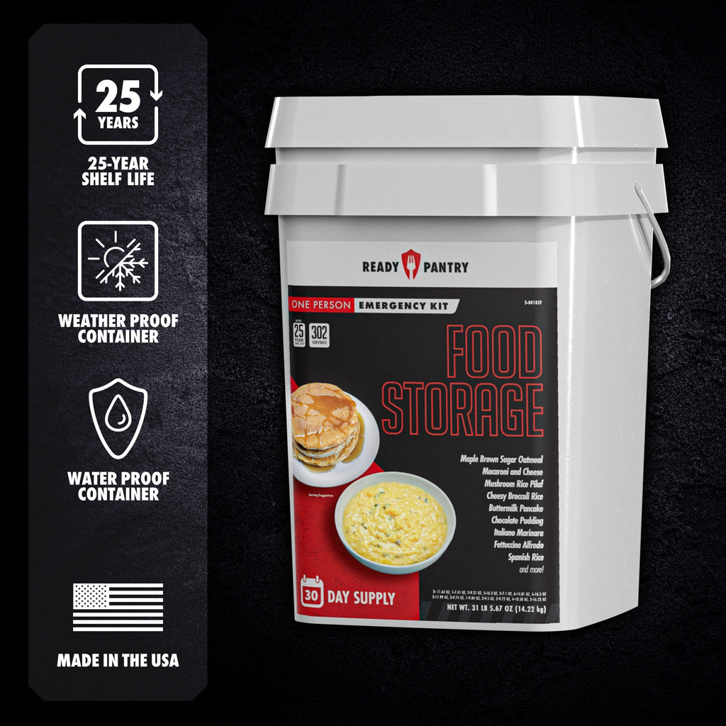 A white plastic bucket emergency food storage kit by Ready Pantry, shown on a black background with a vertical feature callout listing 25 years shelf life, weather proof container, water proof container, and made in the USA.