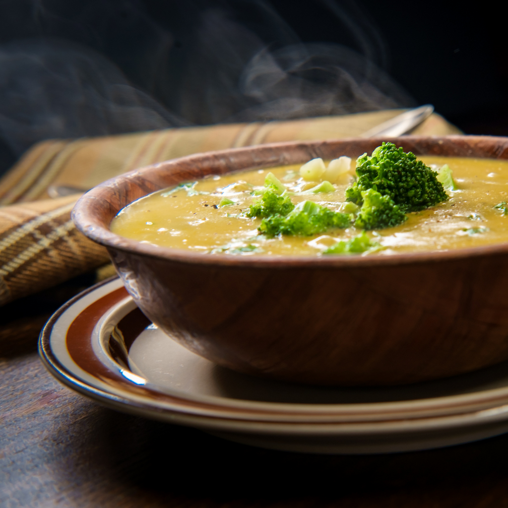 A wooden bowl filled with creamy yellow soup and topped with green broccoli florets, set on a striped plate on a dark wooden table with steam rising.