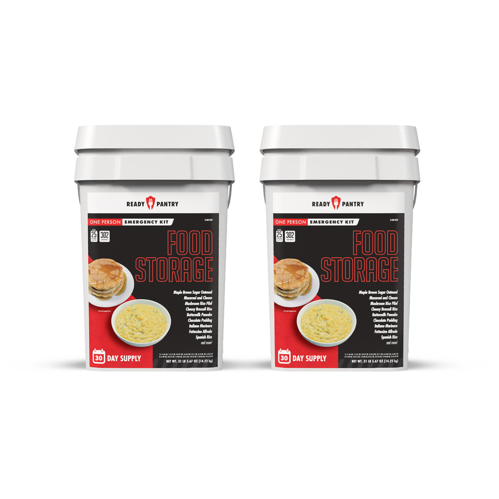 Two white plastic emergency food storage buckets with matching lids, shown side by side on a white background. Each bucket features a black front label with the Ready Pantry brand, 'One Vision Emergency Kit' text, and 'FOOD STORAGE' in large red letters, along with an image of pancakes and a bowl of soup.