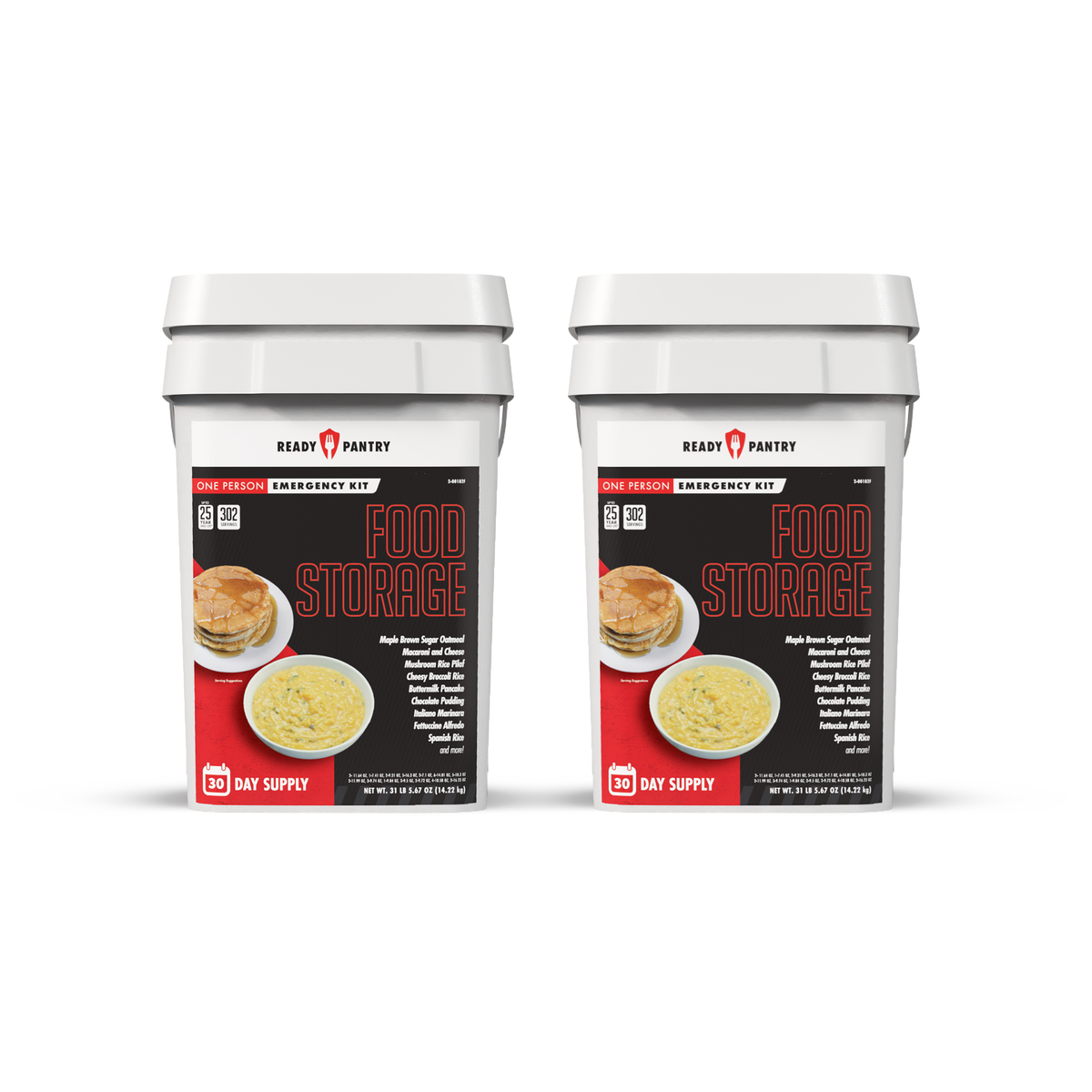 Two white plastic emergency food storage buckets with matching lids, shown side by side on a white background. Each bucket features a black front label with the Ready Pantry brand, 'One Vision Emergency Kit' text, and 'FOOD STORAGE' in large red letters, along with an image of pancakes and a bowl of soup.