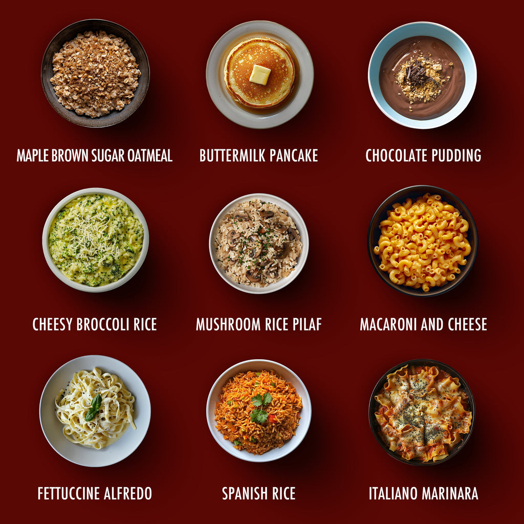 A 3x3 grid of nine food dishes on a dark red background, each labeled with its name in white text. The dishes include Maple Brown Sugar Oatmeal, Buttermilk Pancake, Chocolate Pudding, Cheesy Broccoli Rice, Mushroom Rice Pilaf, Macaroni and Cheese, Fettuccine Alfredo, Spanish Rice, and Italiano Marinara.