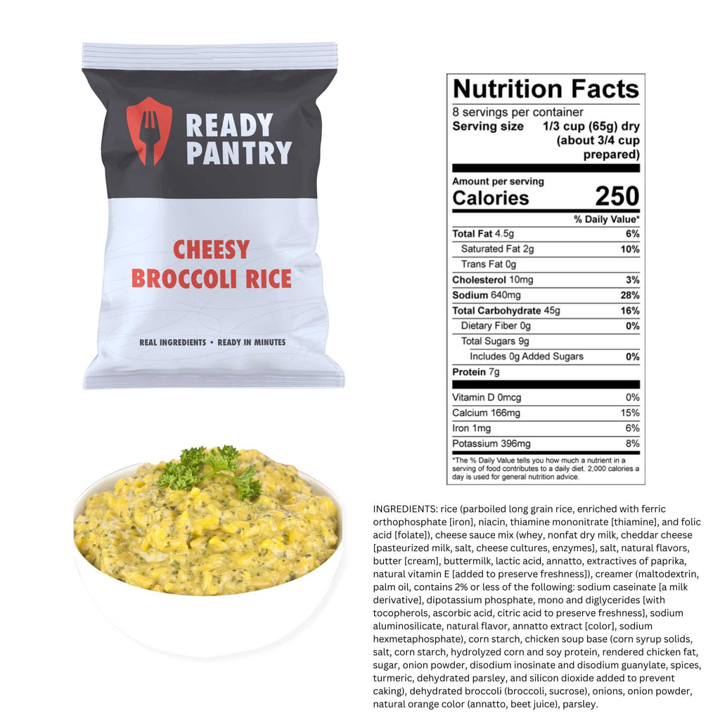 A bag of Ready Pantry Cheesy Broccoli Rice shown on a white background with a nutrition facts label overlaid. The bag is white and gray with red and black text.