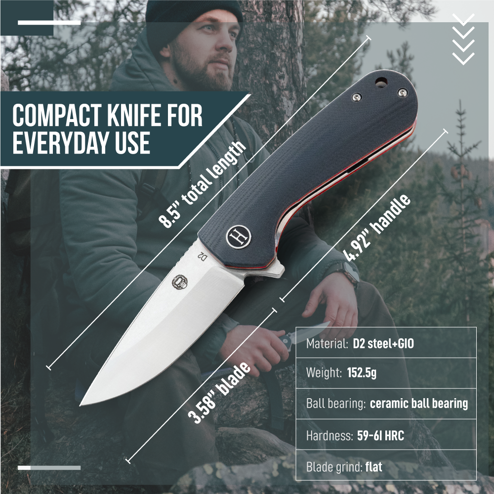 Compact knife for everyday use with measurements and specifications displayed.