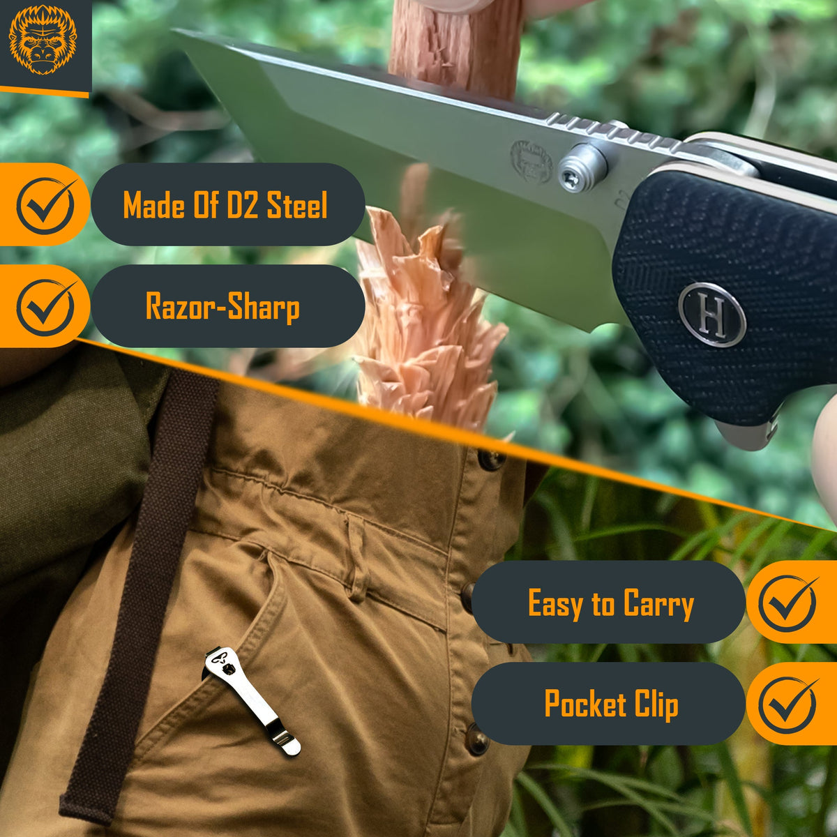 Folding knife with features highlighted on a natural background