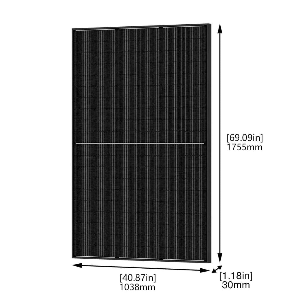 A black solar panel shown on a white background with dimension arrows and measurements indicating height of 69.09 in (1755 mm) and width of 40.