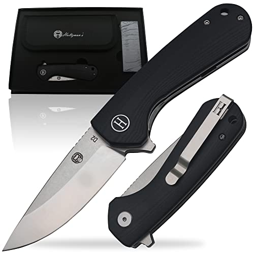 Folding knife with black handle and silver blade, open and closed, on a white background