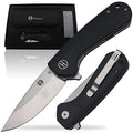 Folding knife with black handle and silver blade, open and closed, on a white background