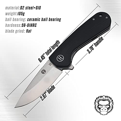 Folding knife with measurements and specifications on a white background