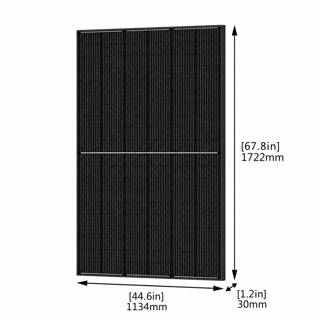 A black rectangular solar panel shown on a white background with dimension arrows and text indicating width 44.6 in (1134 mm) and height 67.