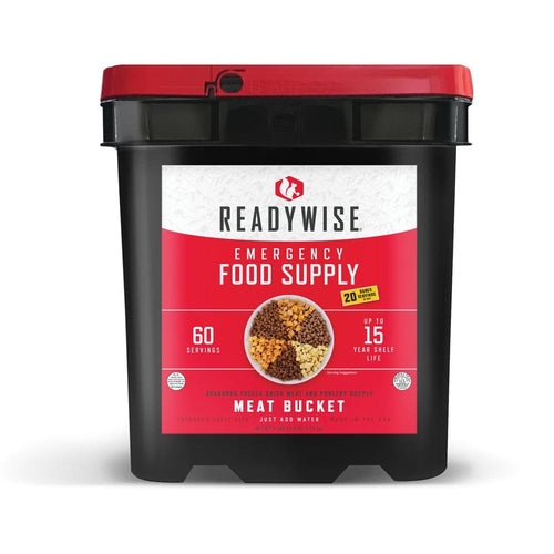 ReadyWise emergency food supply bucket with red label on a white background