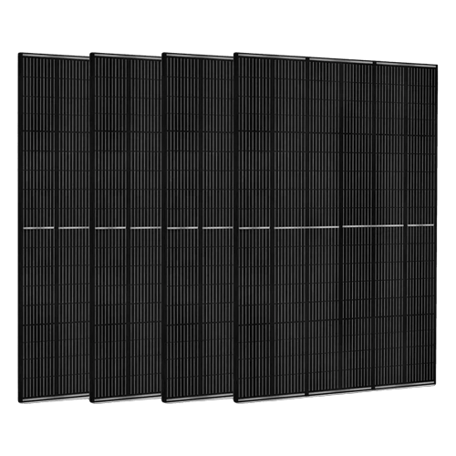 Five black solar panels arranged in a row on a white background