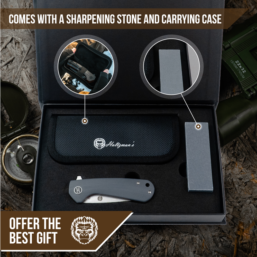 Folding knife set with sharpening stone and carrying case, featuring Hollyman's brand.