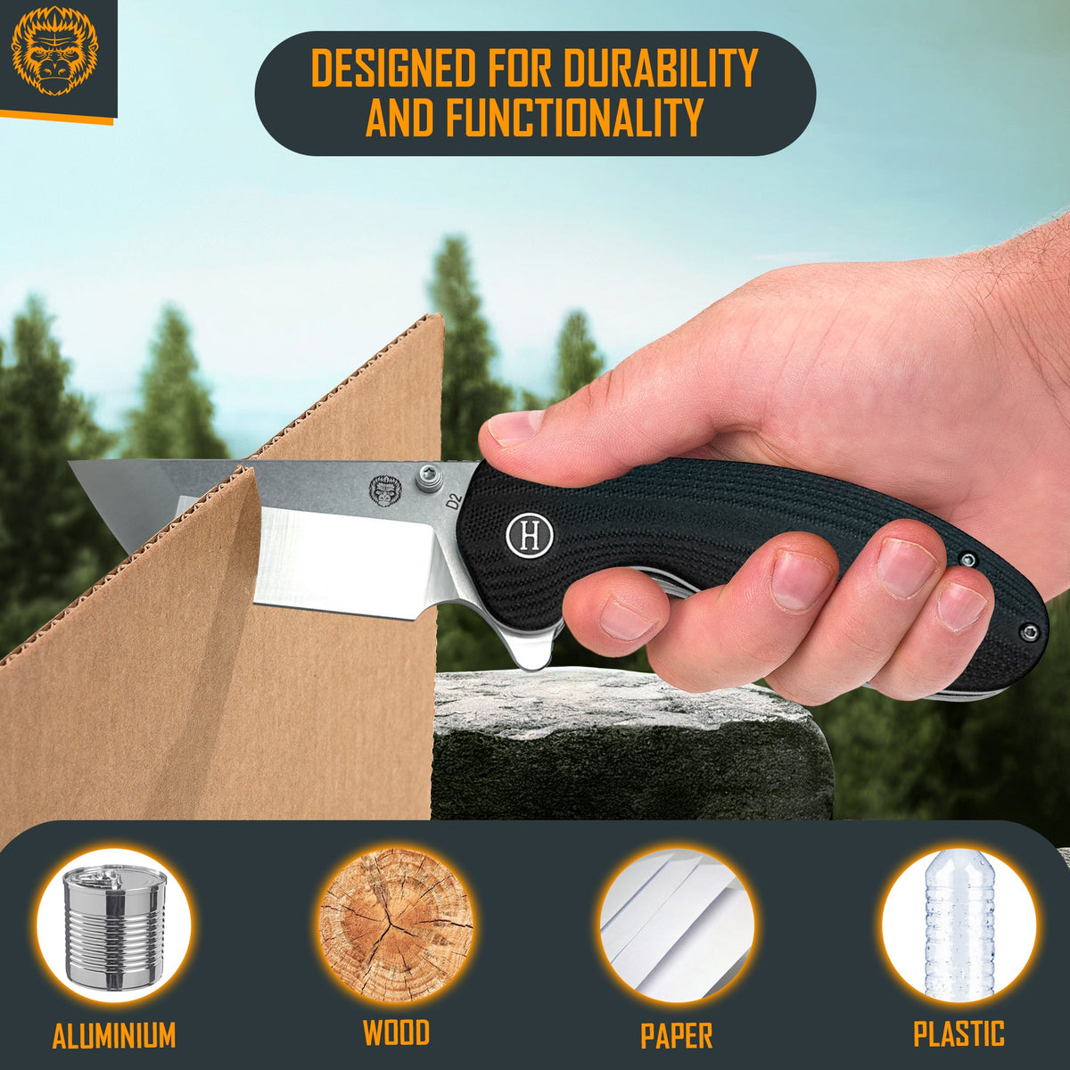 Hand holding a folding knife with durability features highlighted on a natural background