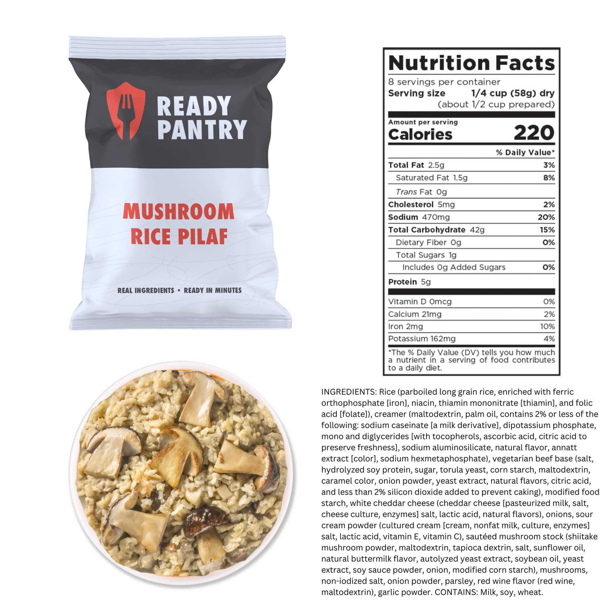 A single bag of Ready Pantry Mushroom Rice Pilaf shown in front of a white background with a large printed nutrition facts panel. The bag is white with a red and black logo and the product name 'Mushroom Rice Pilaf' is visible.