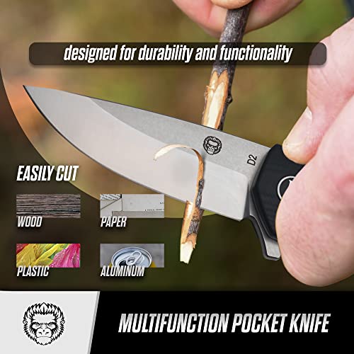 Multifunction pocket knife being used to cut wood with text highlighting durability and functionality.