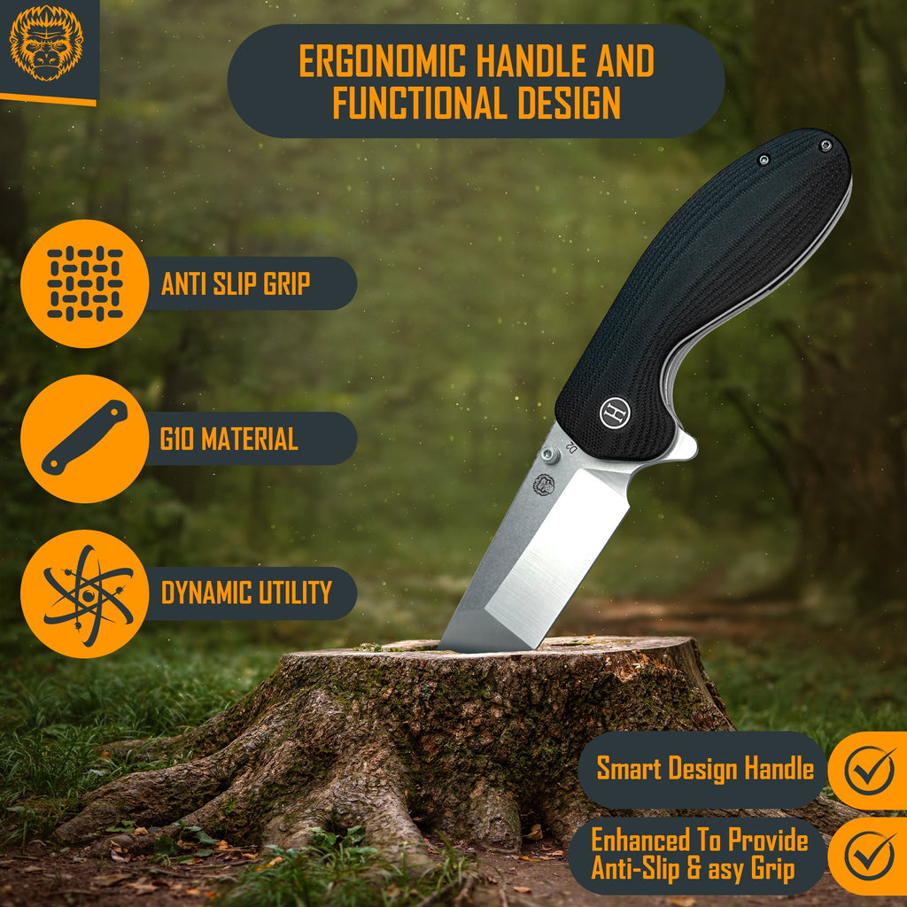 Knife with ergonomic handle and functional design features on a natural background