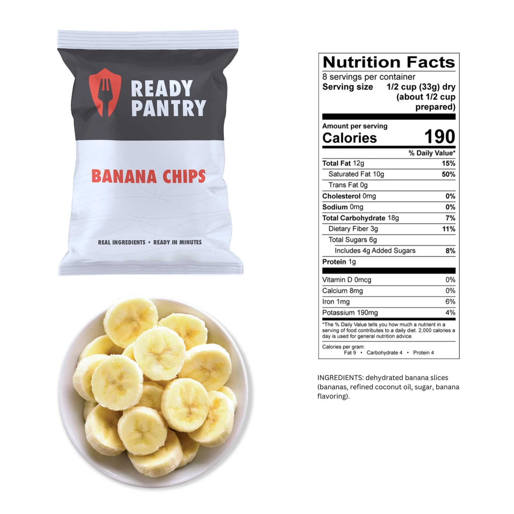 A bag of Ready Pantry Banana Chips next to a Nutrition Facts label and a plate of sliced bananas on a white background.