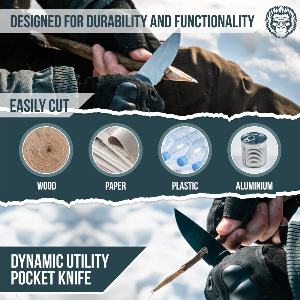 Pocket knife being used to cut wood, paper, plastic, and aluminum with text highlighting durability and functionality.