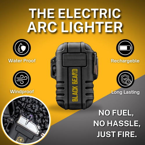 Electric arc lighter with features on a yellow and gray background