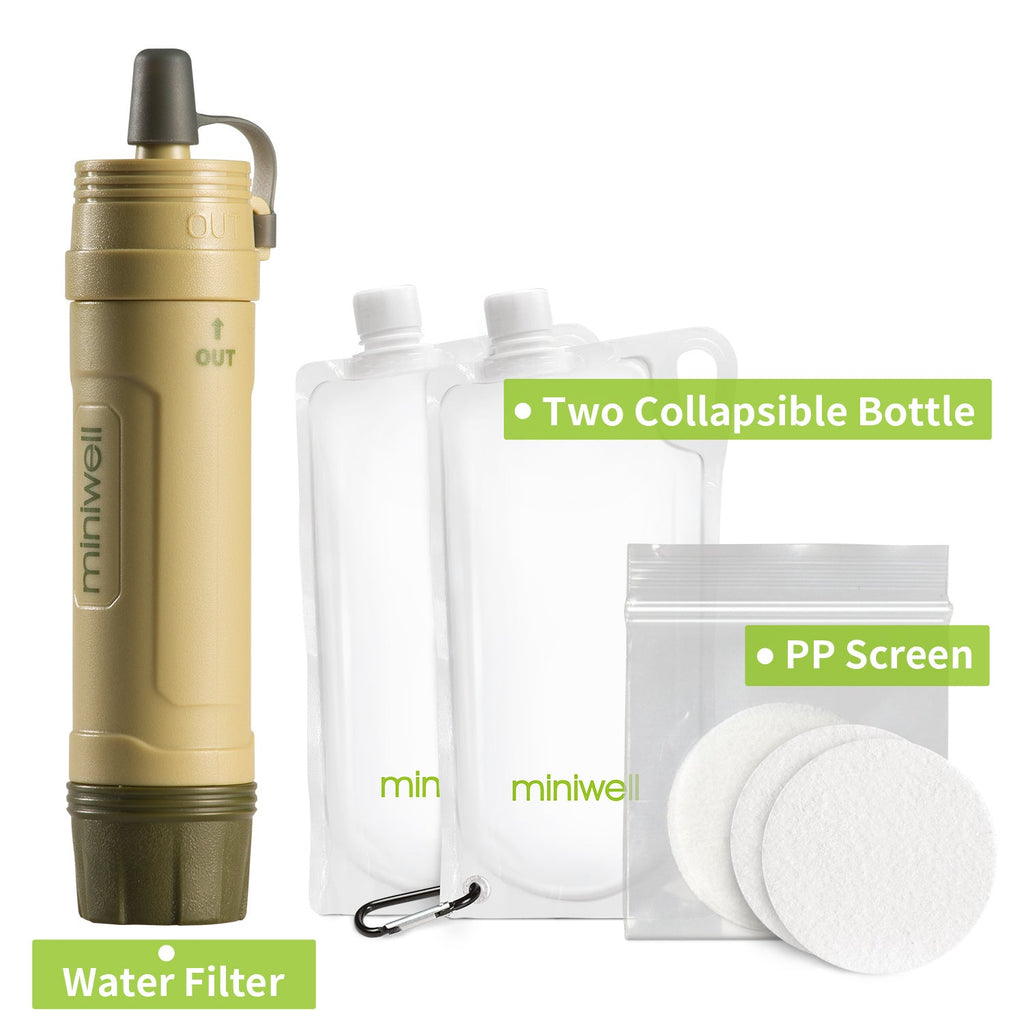 Miniwell water filter with collapsible bottles and PP screen on a white background