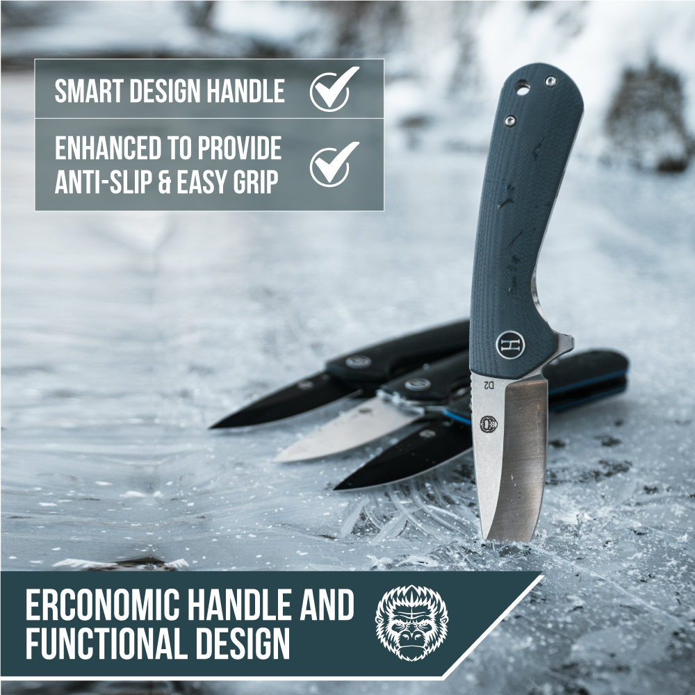 Folding knife with text highlighting smart design handle and ergonomic handle