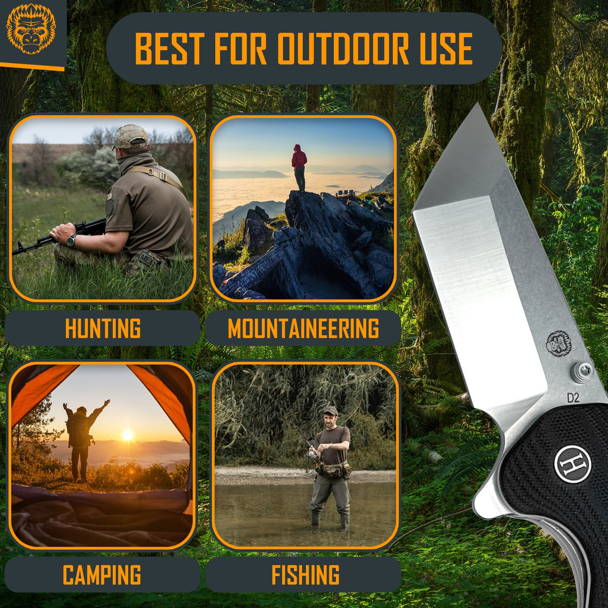 Knife with outdoor activities depicted on a green forest background