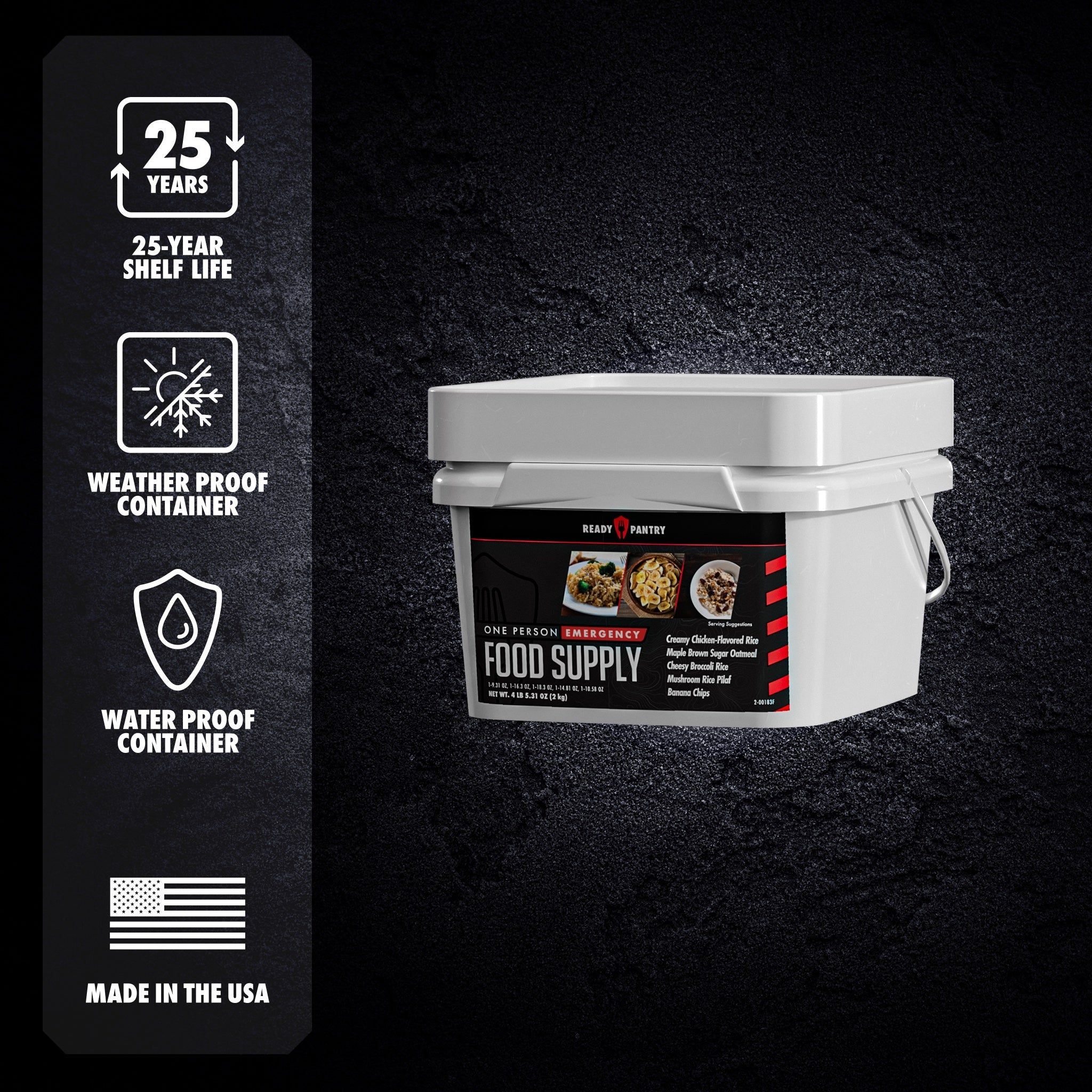A white plastic bucket labeled 'Ready Foodies Emergency Food Supply' shown on a dark textured background with a vertical feature callout listing 25-year shelf life, weatherproof container, waterproof container, and made in the USA.
