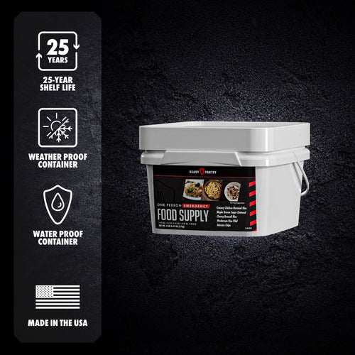 A white plastic bucket labeled 'Ready Foodies Emergency Food Supply' shown on a dark textured background with a vertical feature callout listing 25-year shelf life, weatherproof container, waterproof container, and made in the USA.