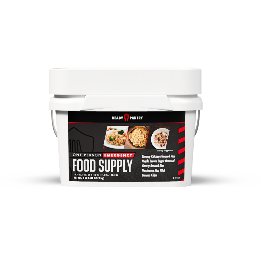 A white plastic emergency food supply tub with a black and red label from Ready Pantry, featuring images of prepared meals and the text 'One Person Emergency Food Supply'.