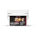 A white plastic emergency food supply tub with a black and red label from Ready Pantry, featuring images of prepared meals and the text 'One Person Emergency Food Supply'.