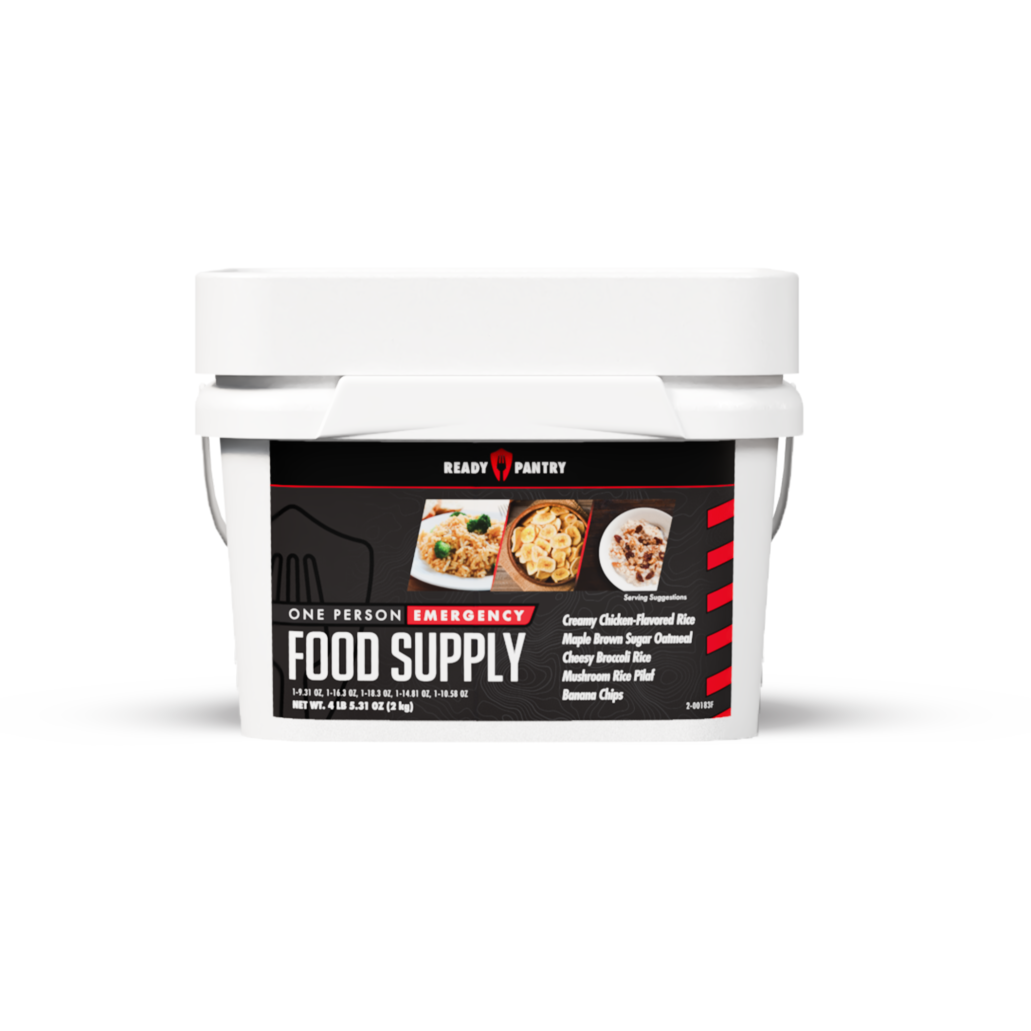 A white plastic emergency food supply tub with a black and red label from Ready Pantry, featuring images of prepared meals and the text 'One Person Emergency Food Supply'.