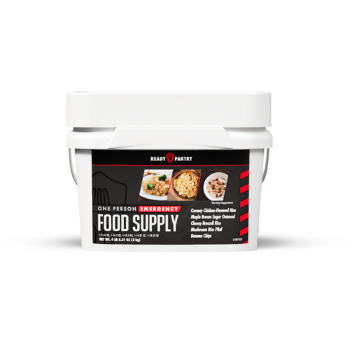 A white plastic emergency food supply tub with a black and red label from Ready Pantry, featuring images of prepared meals and the text 'One Person Emergency Food Supply'.