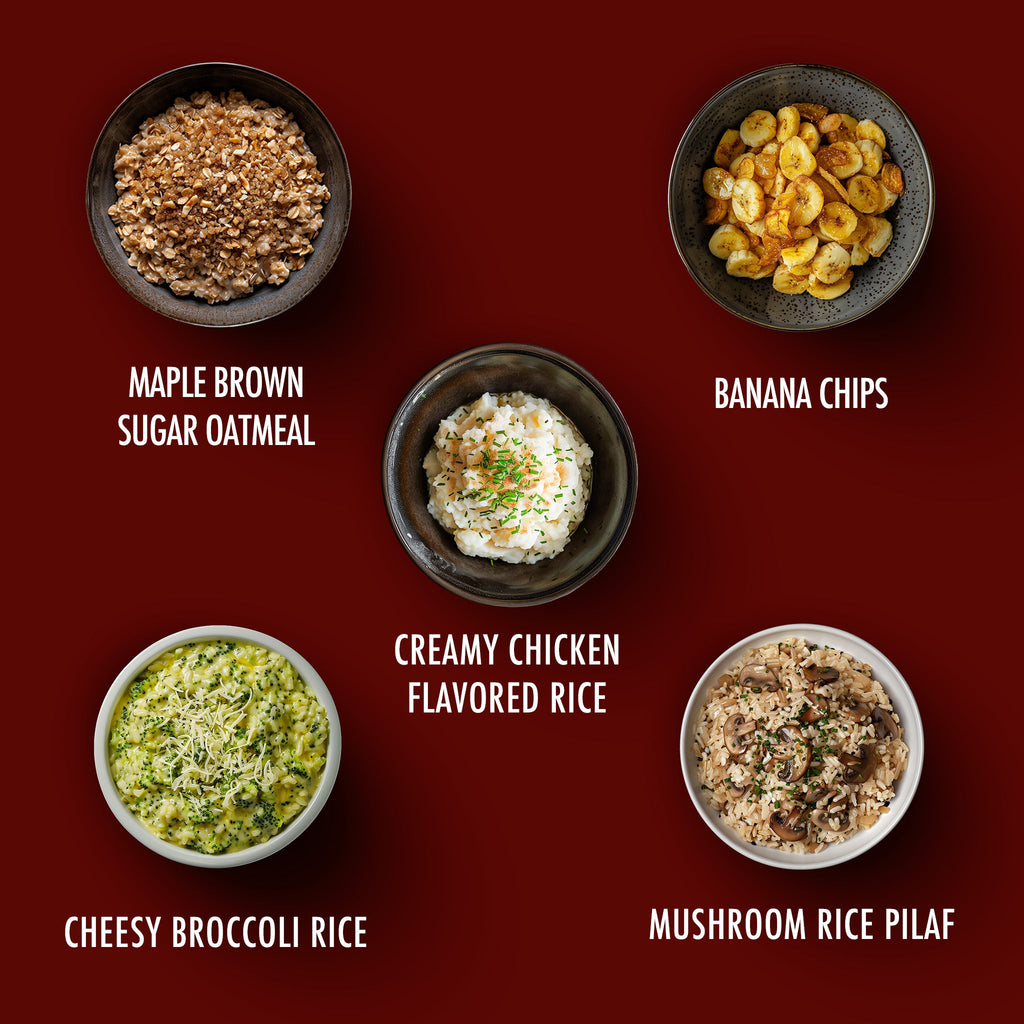 Five bowls of different prepared foods arranged on a dark red background with white text labels: maple brown sugar oatmeal, banana chips, creamy chicken flavored rice, cheesy broccoli rice, and mushroom rice pilaf.