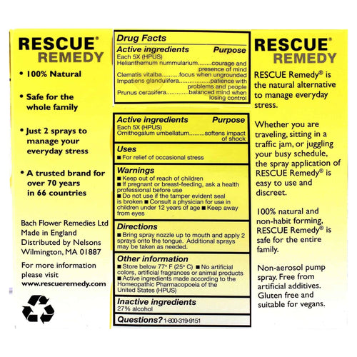 Rescue Remedy label with product details and safety information on a yellow background