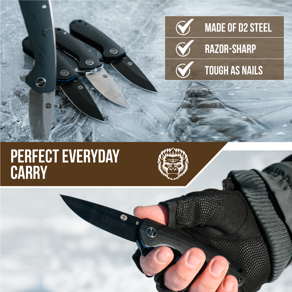 Knives with features listed and a person holding a knife in a glove on a snowy background.