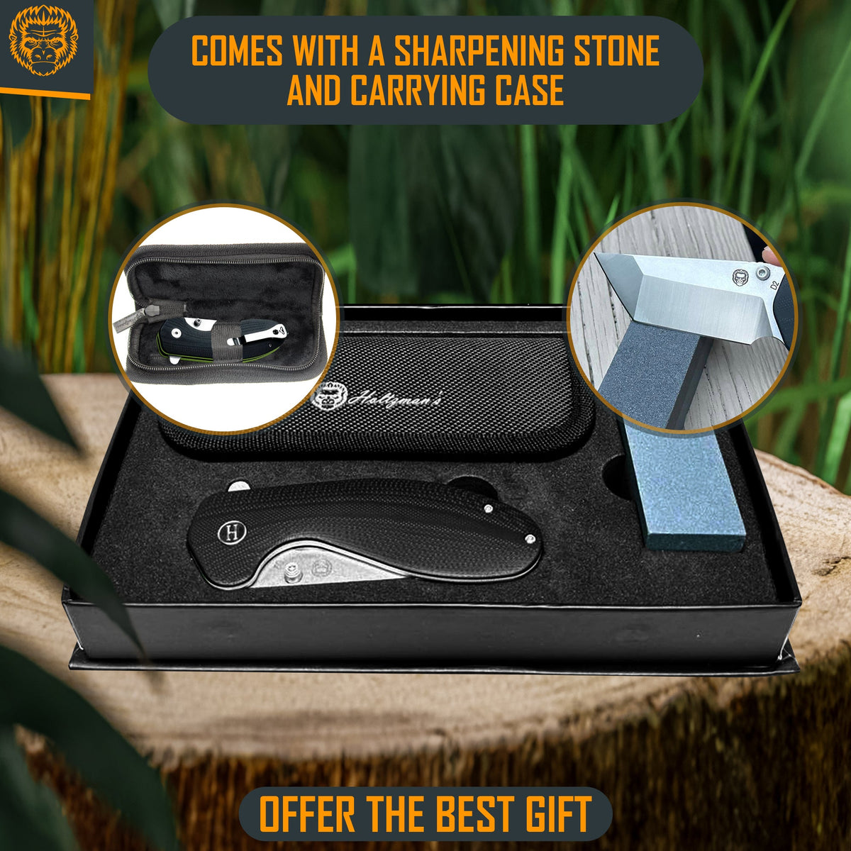 Knife set with sharpening stone and carrying case on a wooden surface with grass in the background.
