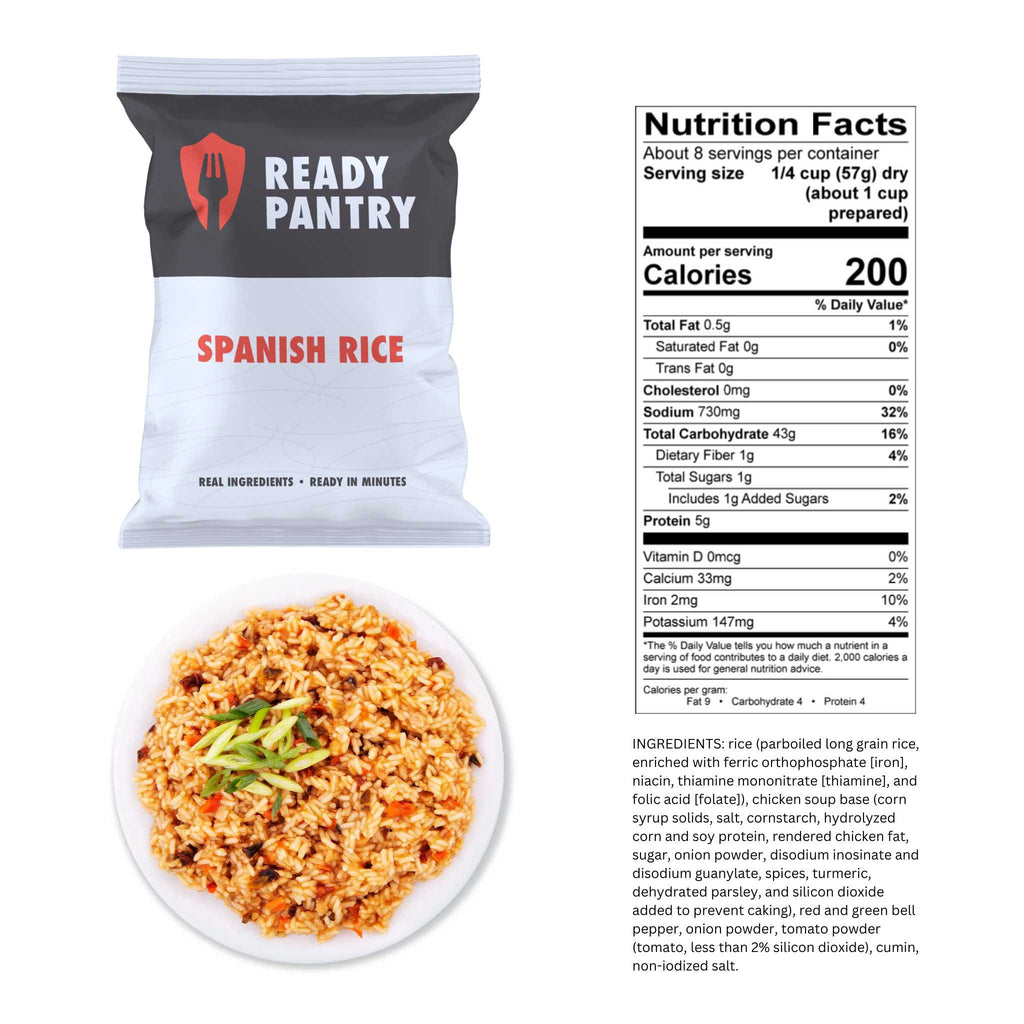 A bag of Ready Pantry Spanish Rice next to a bowl of prepared Spanish rice, with the product's nutrition facts and ingredients clearly printed on the packaging.