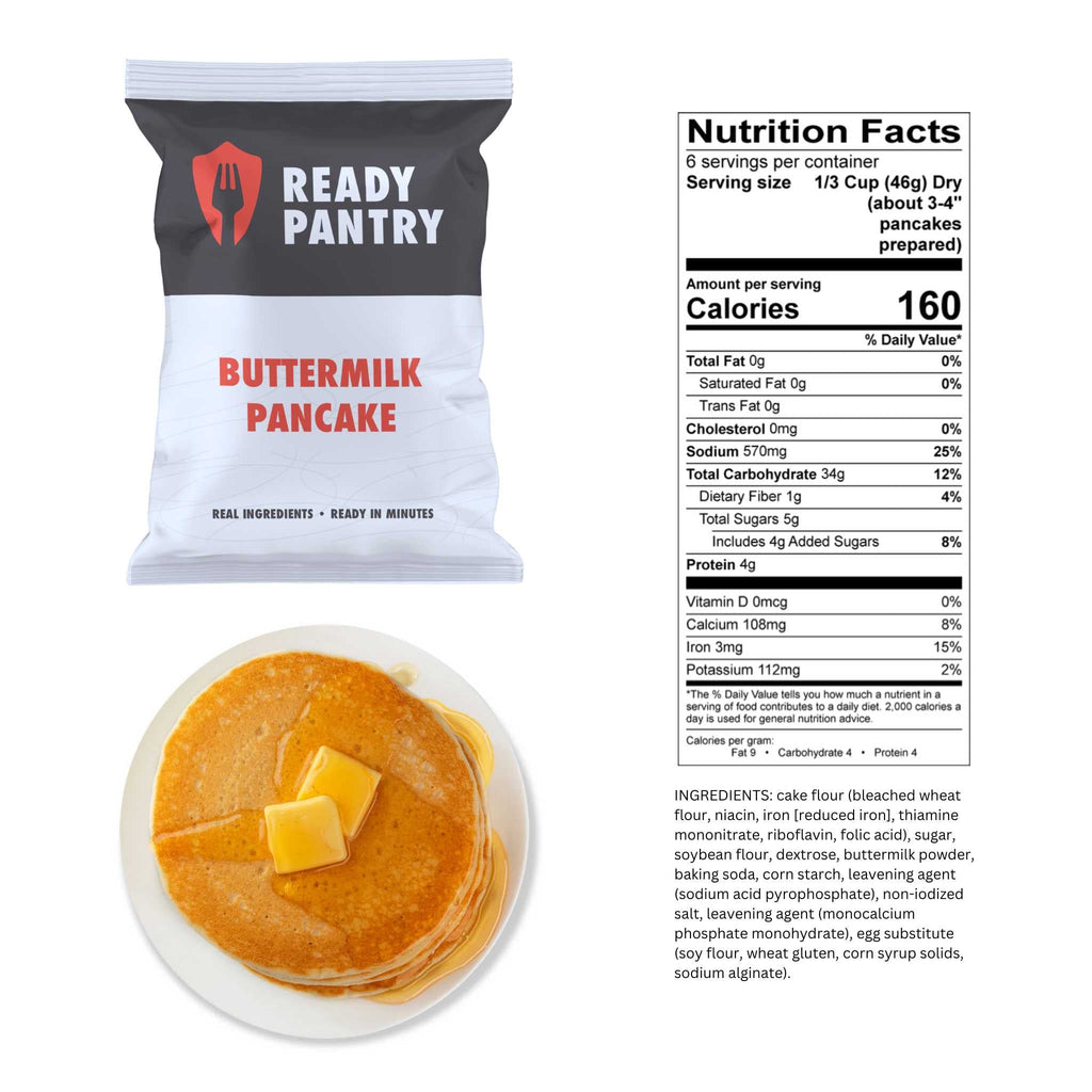 A bag of Ready Pantry Buttermilk Pancake shown next to a Nutrition Facts label and a photo of a golden pancake with butter.