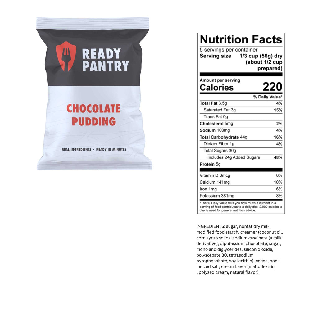 A bag of Ready Pantry Chocolate Pudding shown next to a printed Nutrition Facts panel on a plain white background.