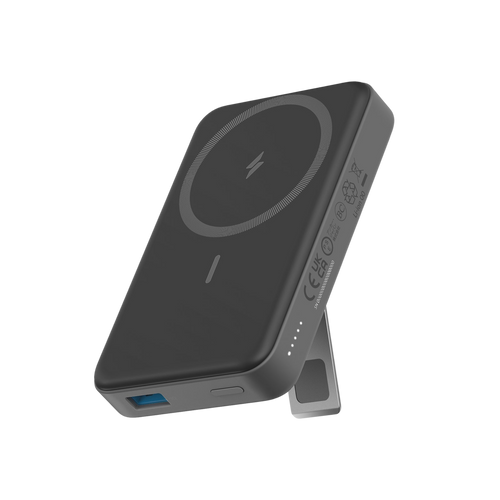 Black wireless charging pad with stand on a white background