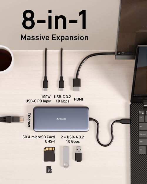 Anker 8-in-1 device with multiple ports on a desk setup.