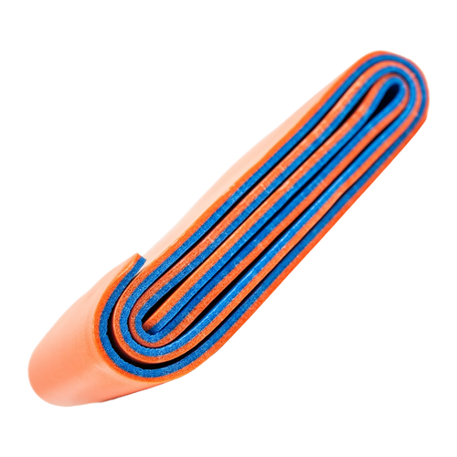 Orange resistance band with blue and black loops on a white background