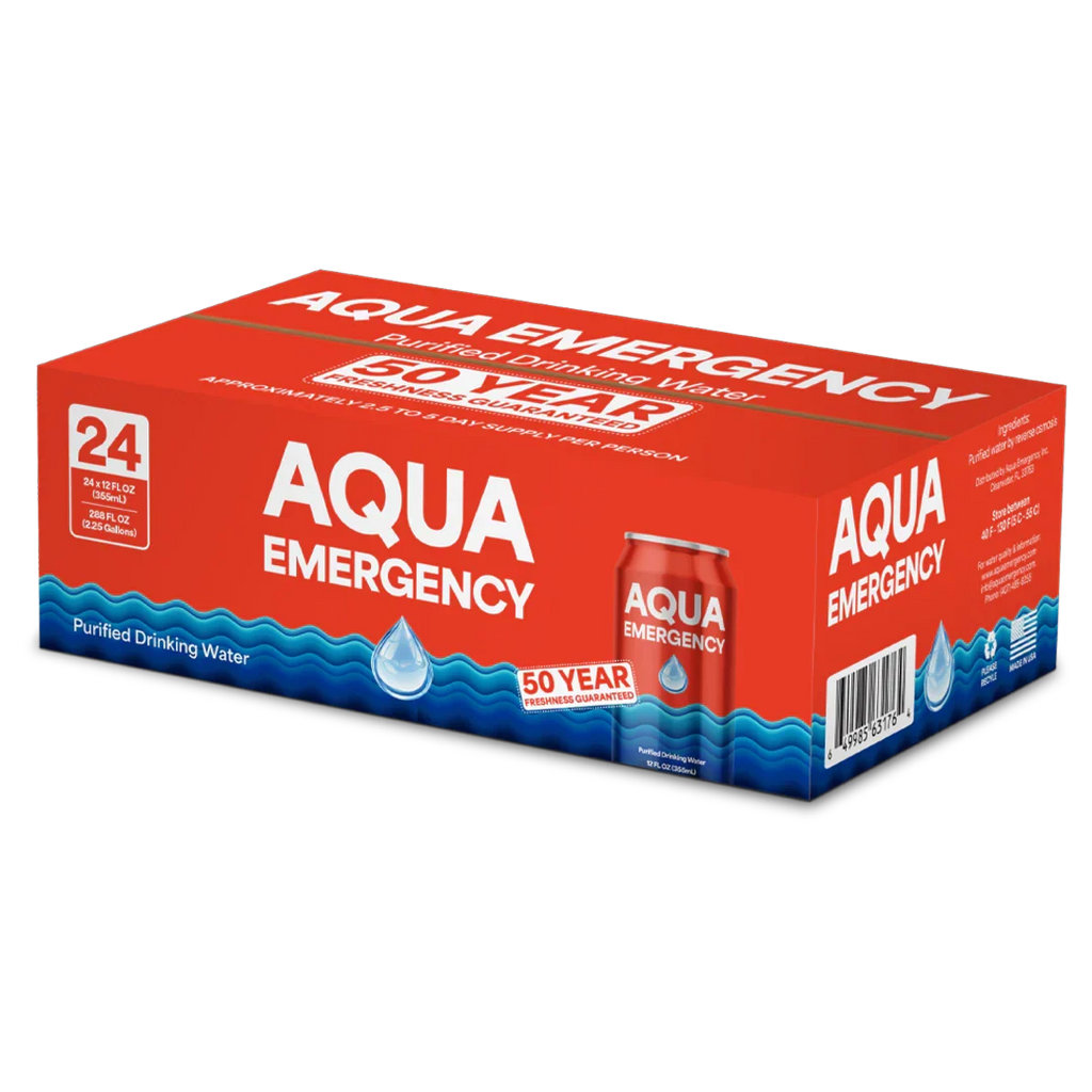 A red and blue 50-year Aqua Emergency bottled water case with a printed can graphic, shown on a plain white background.