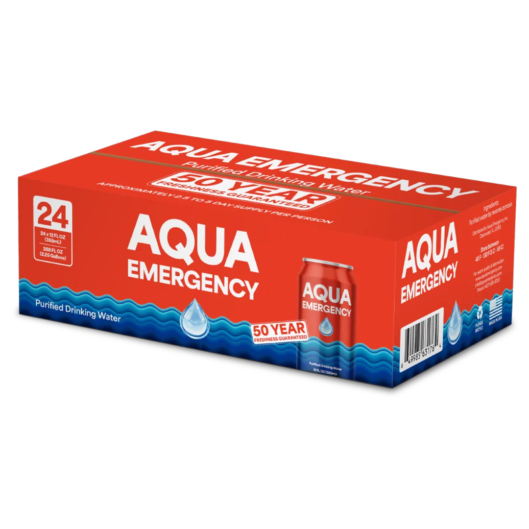 A red and blue 50-year Aqua Emergency bottled water case with a printed can graphic, shown on a plain white background.