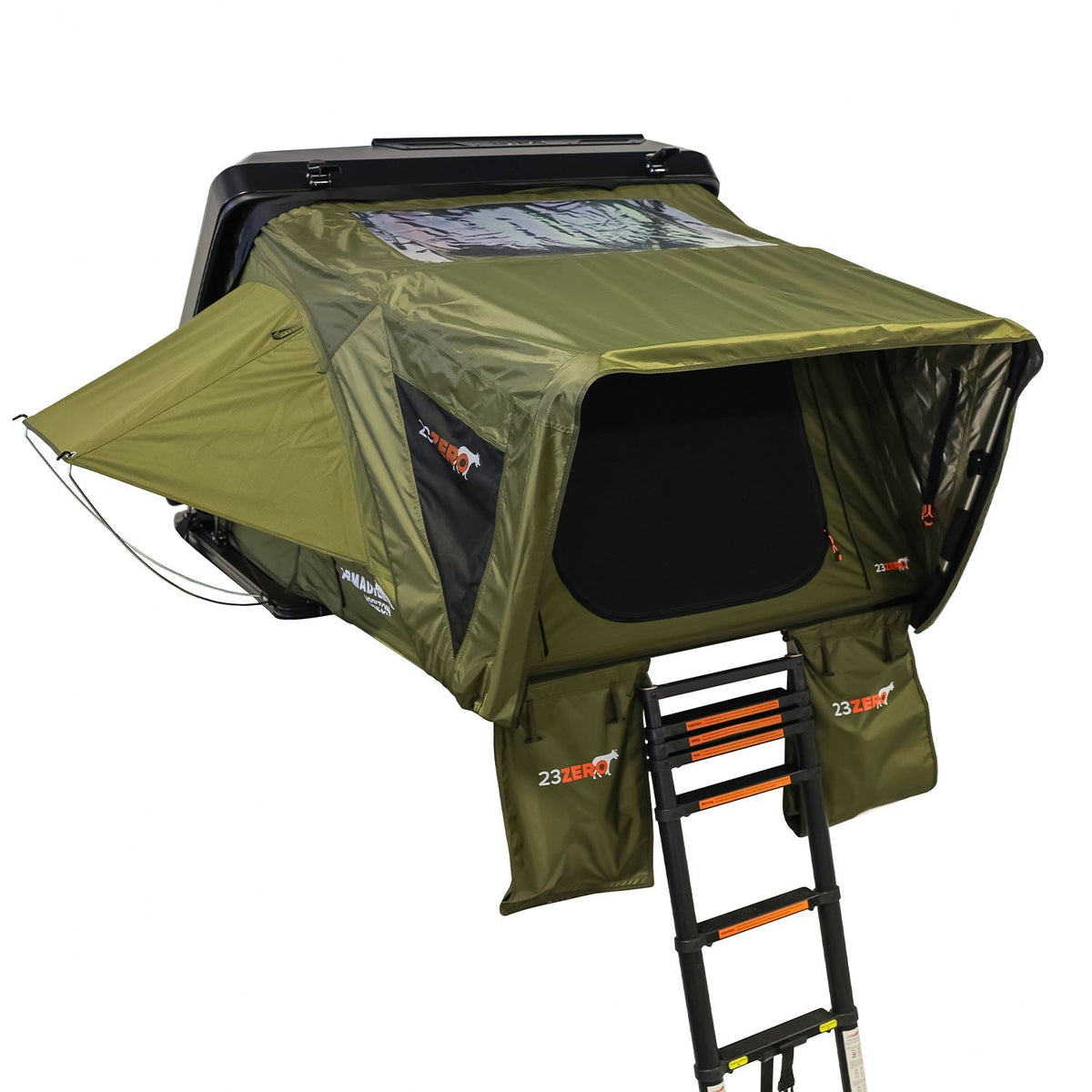Green rooftop tent with ladder on a white background