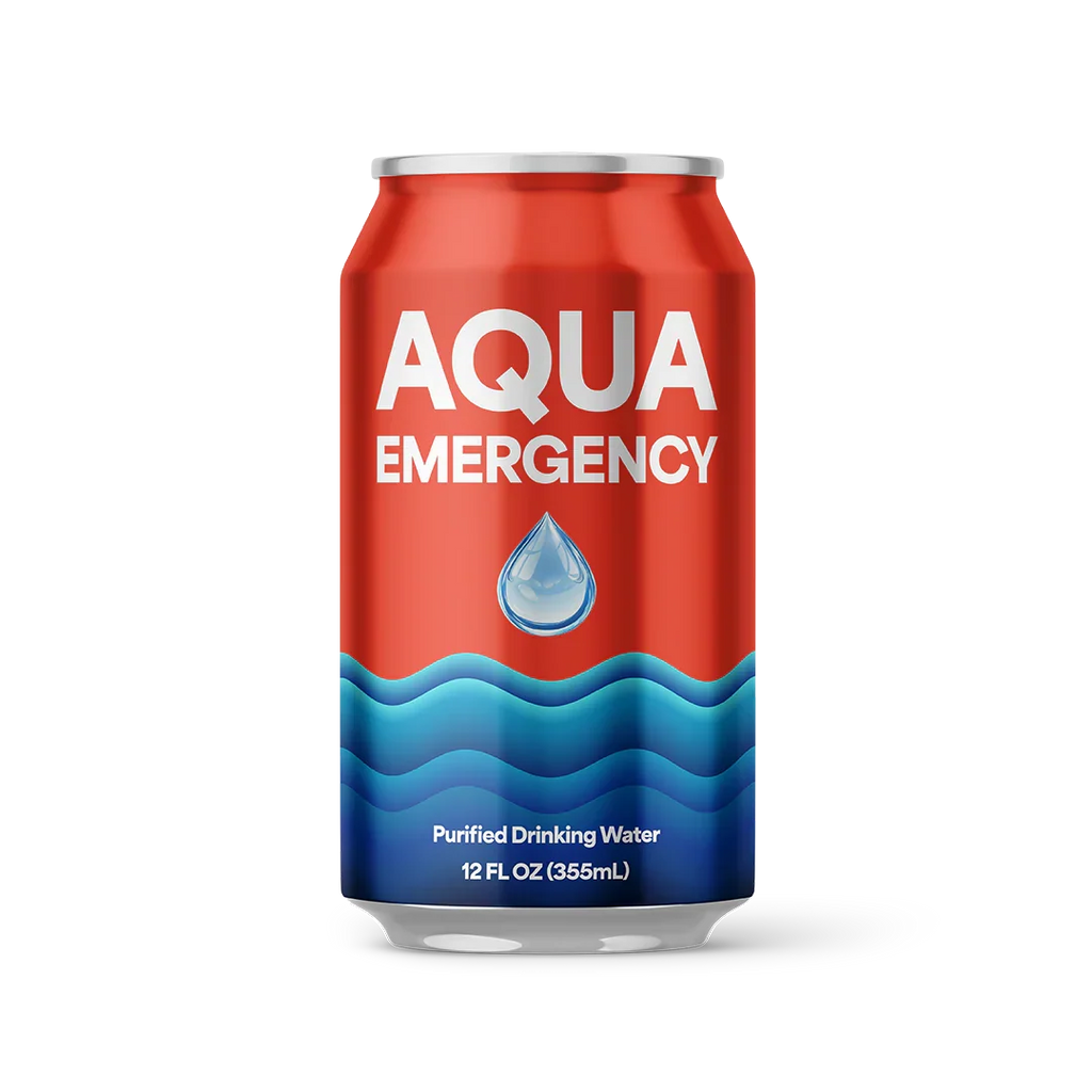 A 12 fl oz aluminum can of Aqua Emergency Purified Drinking Water, featuring a red upper half with white text and a blue wavy water pattern on the lower half, set against a plain white background.