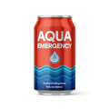 A 12 fl oz aluminum can of Aqua Emergency Purified Drinking Water, featuring a red upper half with white text and a blue wavy water pattern on the lower half, set against a plain white background.