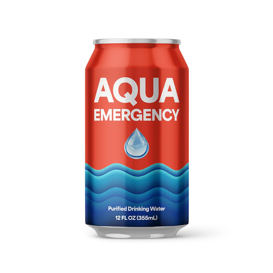 A 12 fl oz aluminum can of Aqua Emergency Purified Drinking Water, featuring a red upper half with white text and a blue wavy water pattern on the lower half, set against a plain white background.